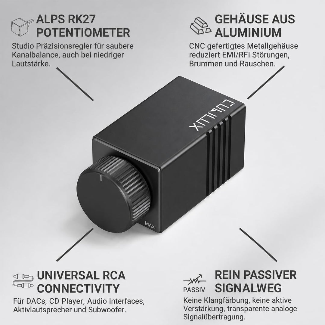 Cubilux High Precision RCA Lautstärkeregler, passiver In-Line RCA Bassregler, Desktop Preamp Audiost