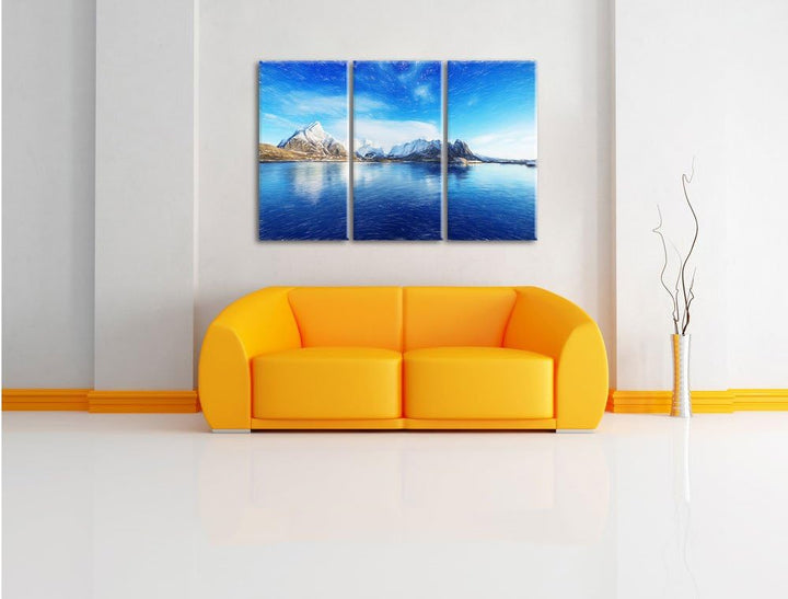 Pixxprint Lofoten in Norwegen Kunst Buntstift Effekt 3-Teiler Leinwandbild 120x80 Bild auf Leinwand