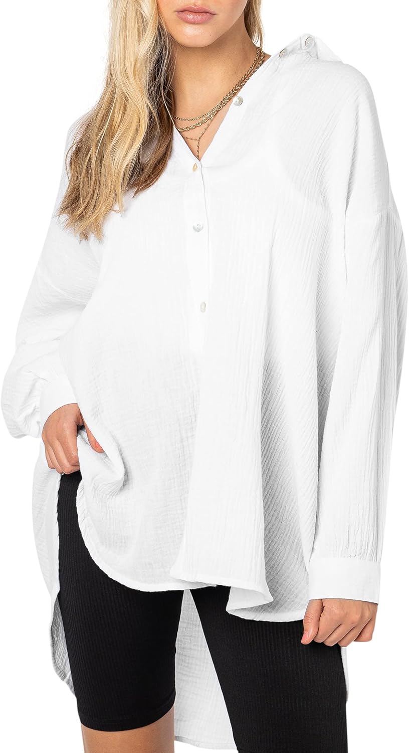 Sublevel Damen Musselin Bluse Muslin Long-Bluse Langarm Oversize Baumwolle M-L Weiss, M-L Weiss