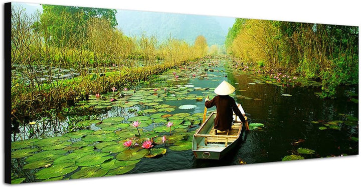 Paul Sinus Art Panoramabild auf Leinwand und Keilrahmen 150x50cm Vietnam Wald Nebel Fluss Seerosen H