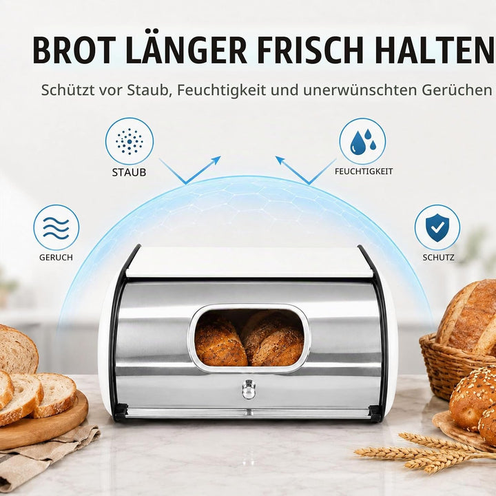 Brotkasten Edelstahl Weiss, Rollbrotkasten mit Acryl-Sichtfenster und Lüftungsöffnungen, Brotbox zur