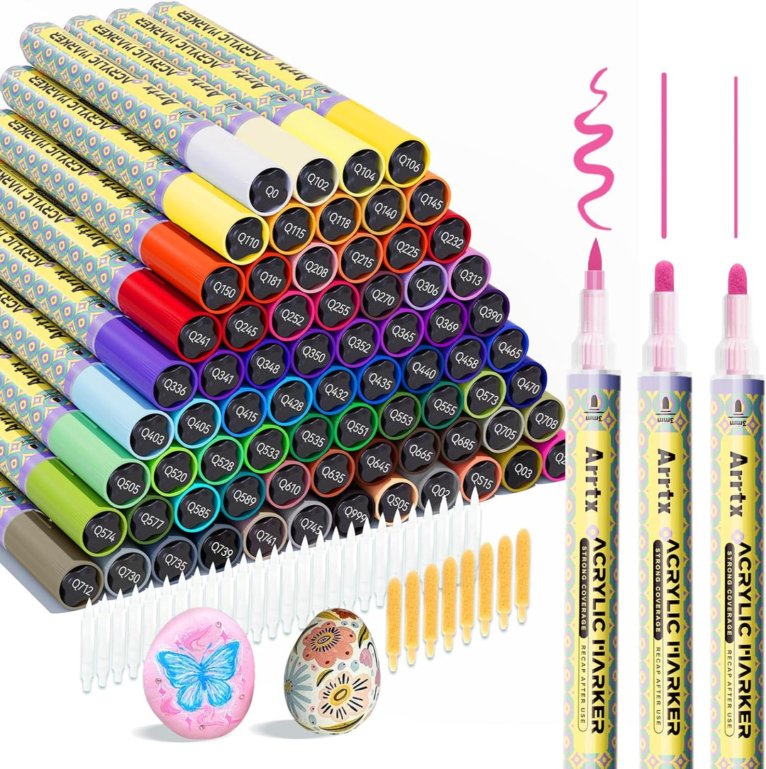 Arrtx Acrylstifte für Steine Bemalen, 72 Farben 3mm Mittlere Spitze Acrylstifte Marker, Acrylmarker