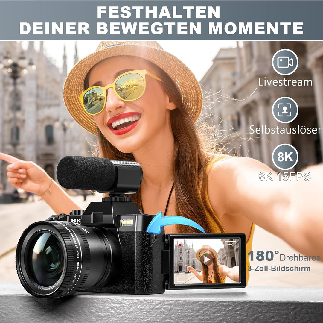 64MP Digitalkamera 8K für Fotografie & Vlogging, 180° Flip Screen Kamera mit WiFi, 16X Zoom, Externe
