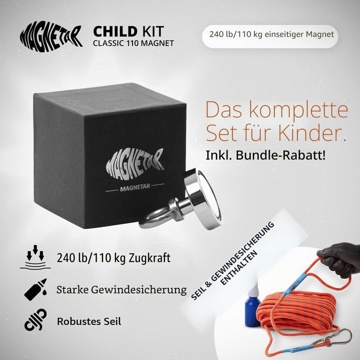 Magnetar - Magnetfischen Set - Einseitig 110kg Bergemagnet - Magnetangel Paket mit Topfmagnet/Seil/K