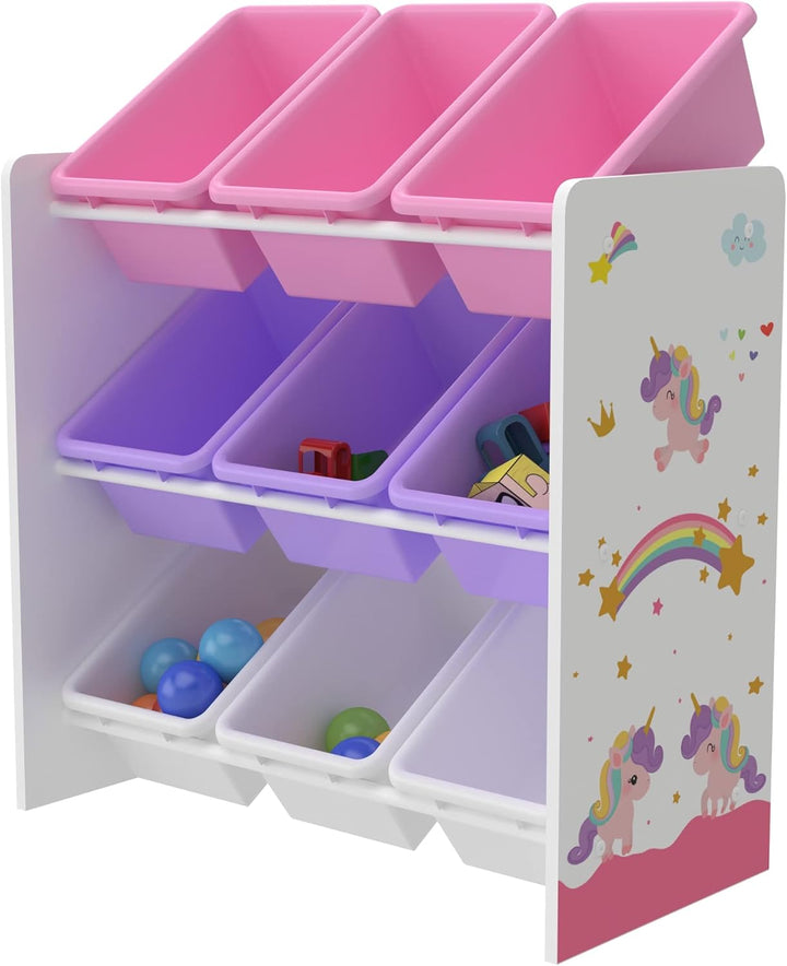 [en.casa] Kinderregal Muxía mit 9 Aufbewahrungsboxen Spielzeugregal mit Einhorn-Motiv Spielregal Wei