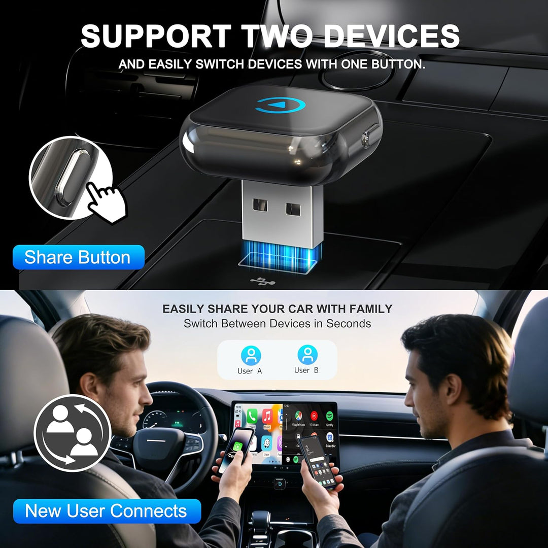 2026 Verbesserter 2-in-1 CarPlay Wireless Adapter mit Instant 2-Phone Switch für Apple CarPlay/Andro