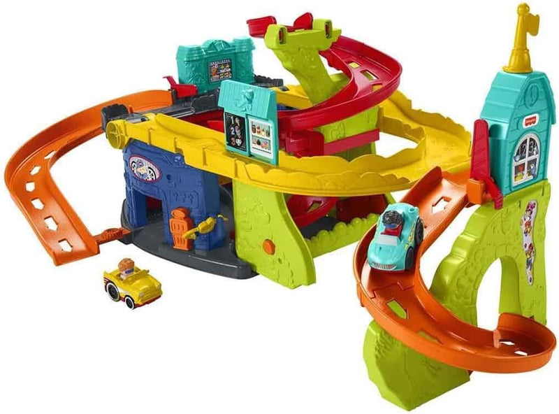 Fisher-Price HBD77 - Little People Sitz & Steh Hochhausrennbahn – 2-in-1-Spielset und Fahrzeug, Auto