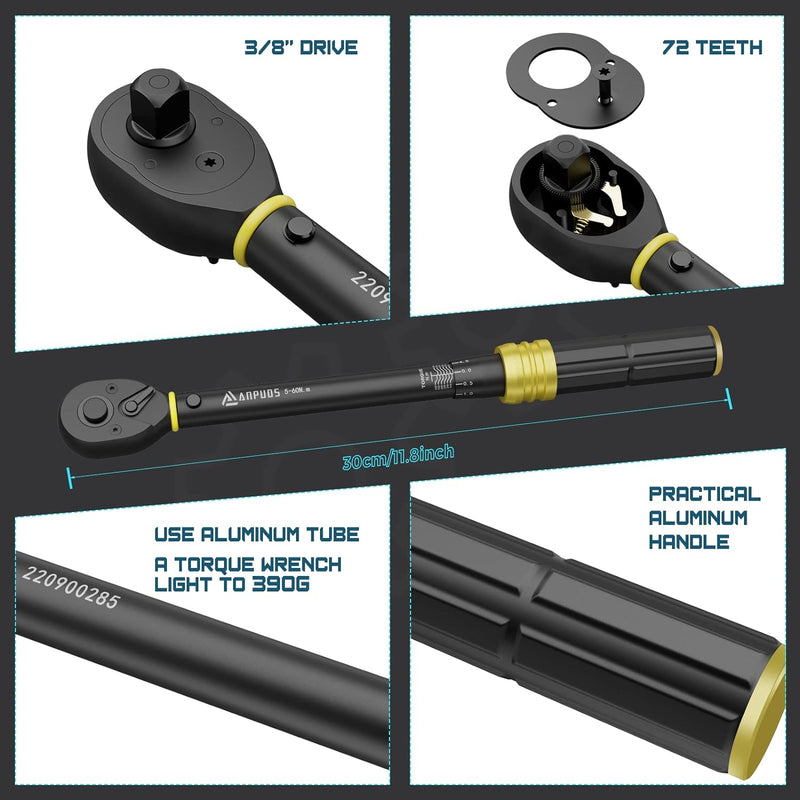 ANPUDS 3/8 Zoll 5-60Nm Drehmomentschlüssel, ±3% Fehlergenauigkeit mit 72 Zähne Wende Ratschenkopf Tr