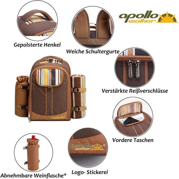 apollo walker 2 Person Picknick Rucksack Hamper Kühltasche mit Geschirr Set & Decke, Braun-4