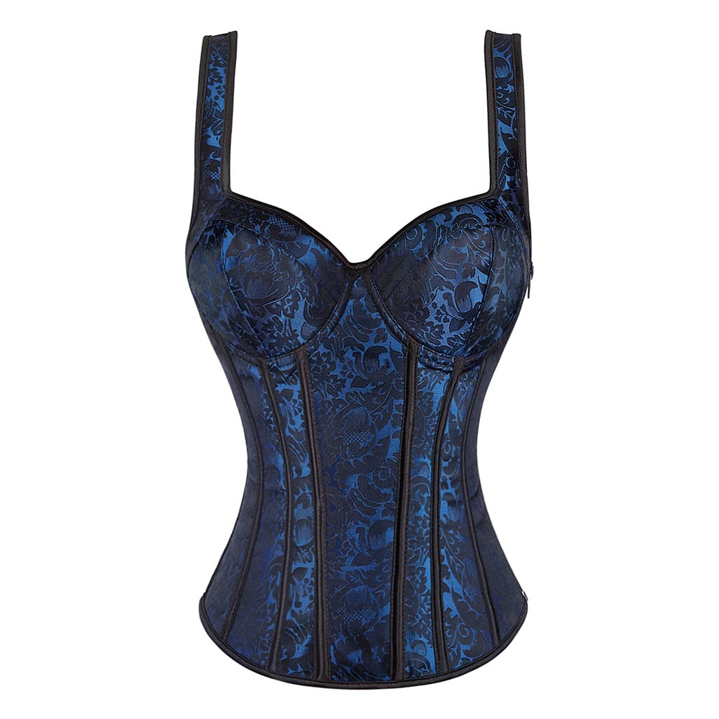 Grebrafan Damen Korsagen Blumendruck Vollbrust Corsage Retro Taillen Korsett, Dunkelblau