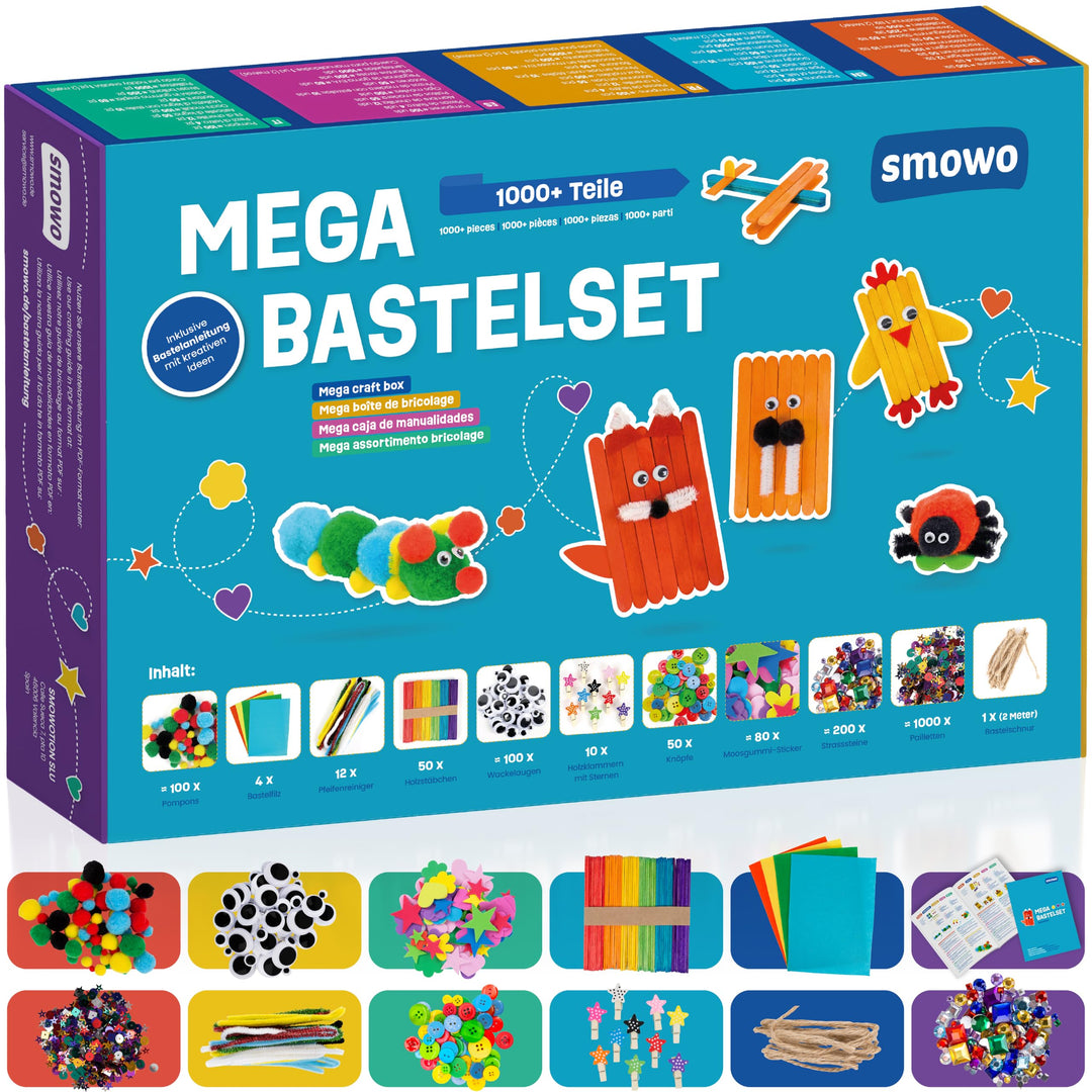 Smowo® Mega Bastelset Starterset - Bastelbox Mix - mit kreativen Bastelideen - Bunte Bastelbedarf Bo