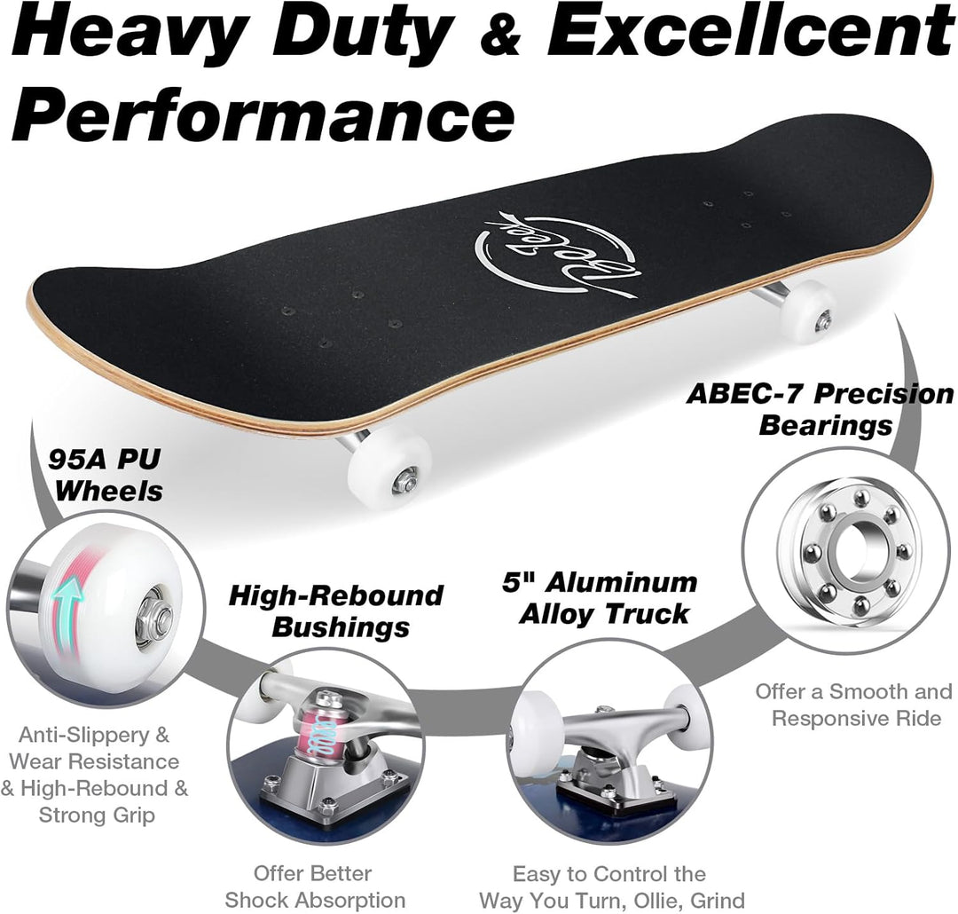 BELEEV Skateboard 31x8 Zoll Komplette Cruiser Skateboard für Kinder Jugendliche Erwachsene, 7-Lagige