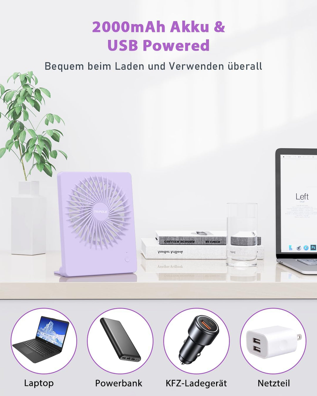 TriPole Tischventilator Leise, 2000mAh Ladefähige USB Ventilatoren Ausführen Bis zu 4-16 Std, 3 Gesc