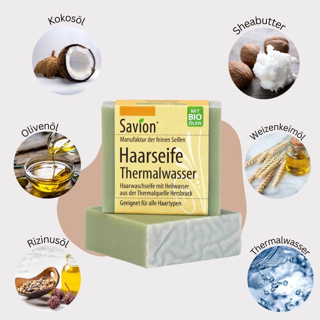 Savion 4+1 Bio Haarseife Thermalwasser, Vegan, Handgemacht, Palmölfrei, Plastikfrei, 5x 85gr 1.42 g