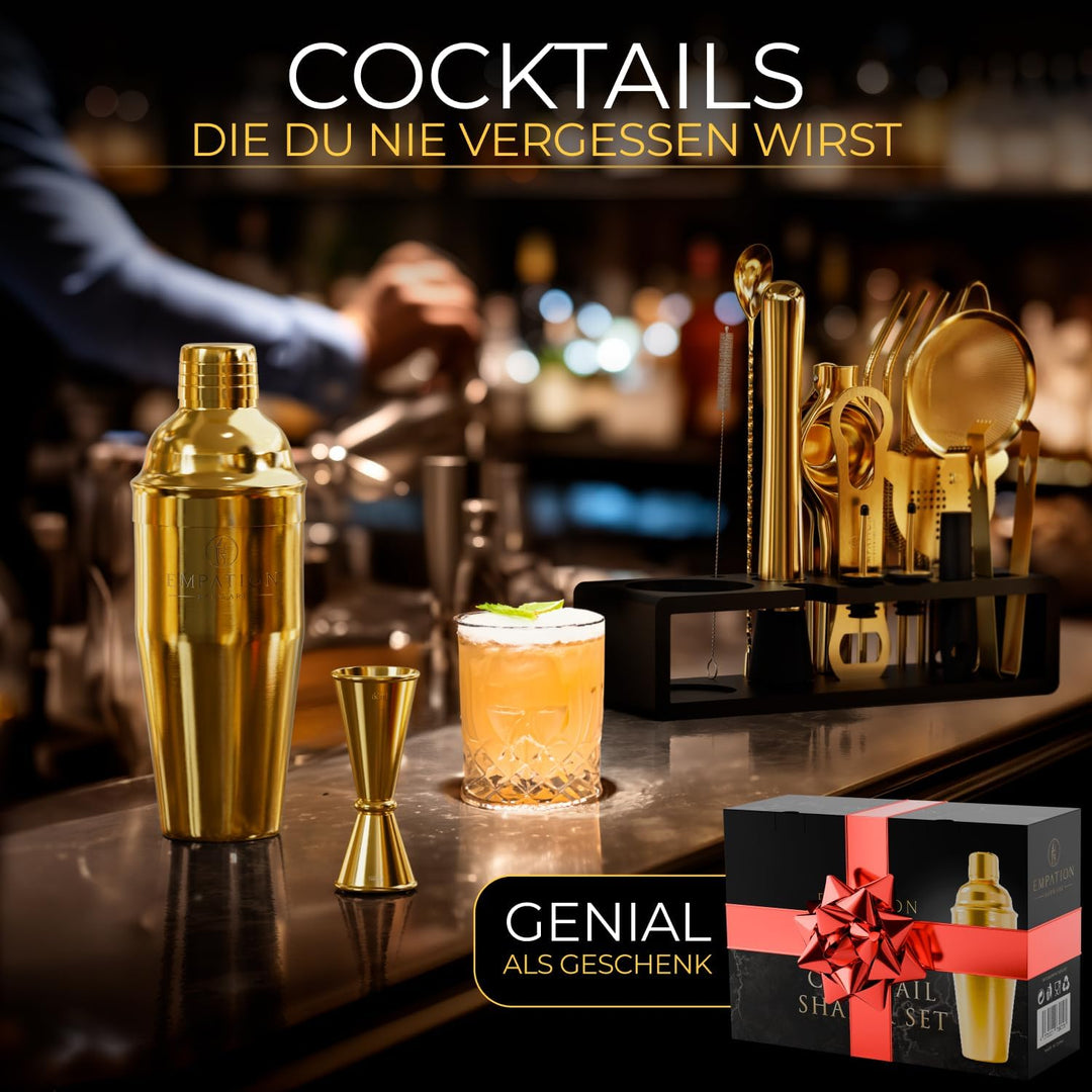 EMPATION Cocktail Set Gold, 700ml Cobbler Cocktail Shaker aus Edelstahl, sicheres Ausgiessen & kein