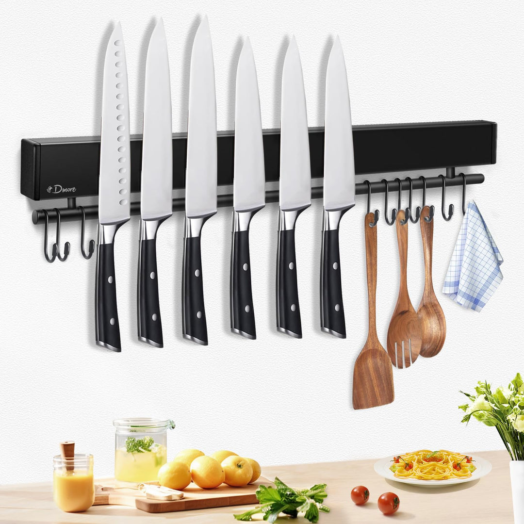 Dmore Magnetleiste Messer mit 10 Haken, 50 cm Messerhalter magnetisch schwarz mit Hakenleiste, extre