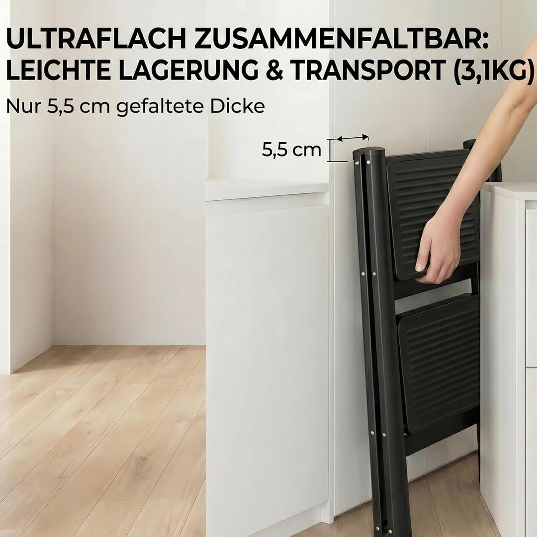 Trittleiter 2 Stufen Klappbar, stufenleiter,Leiter mit breitem Anti-Rutsch-Pedal, Tritthocker mit 15