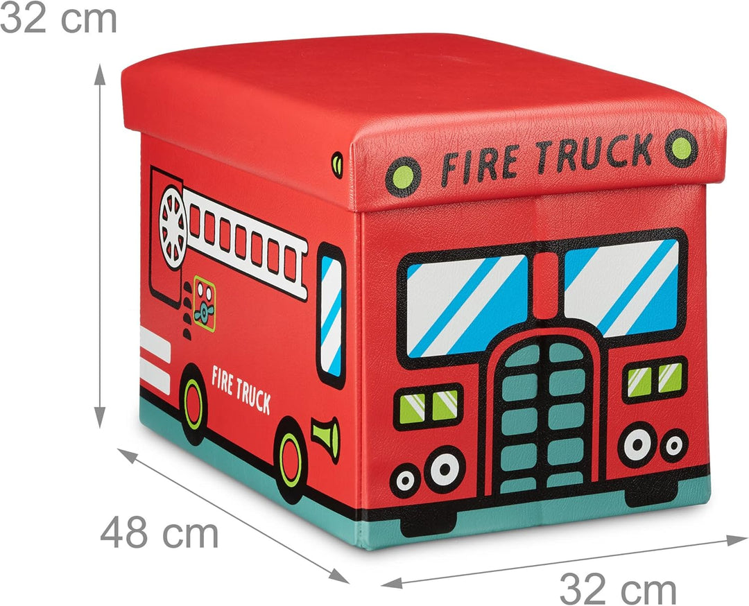 Relaxdays Faltbare Spielzeugkiste Feuerwehr HBT 32 x 48 x 32 cm stabiler Kinder Sitzhocker als Spiel
