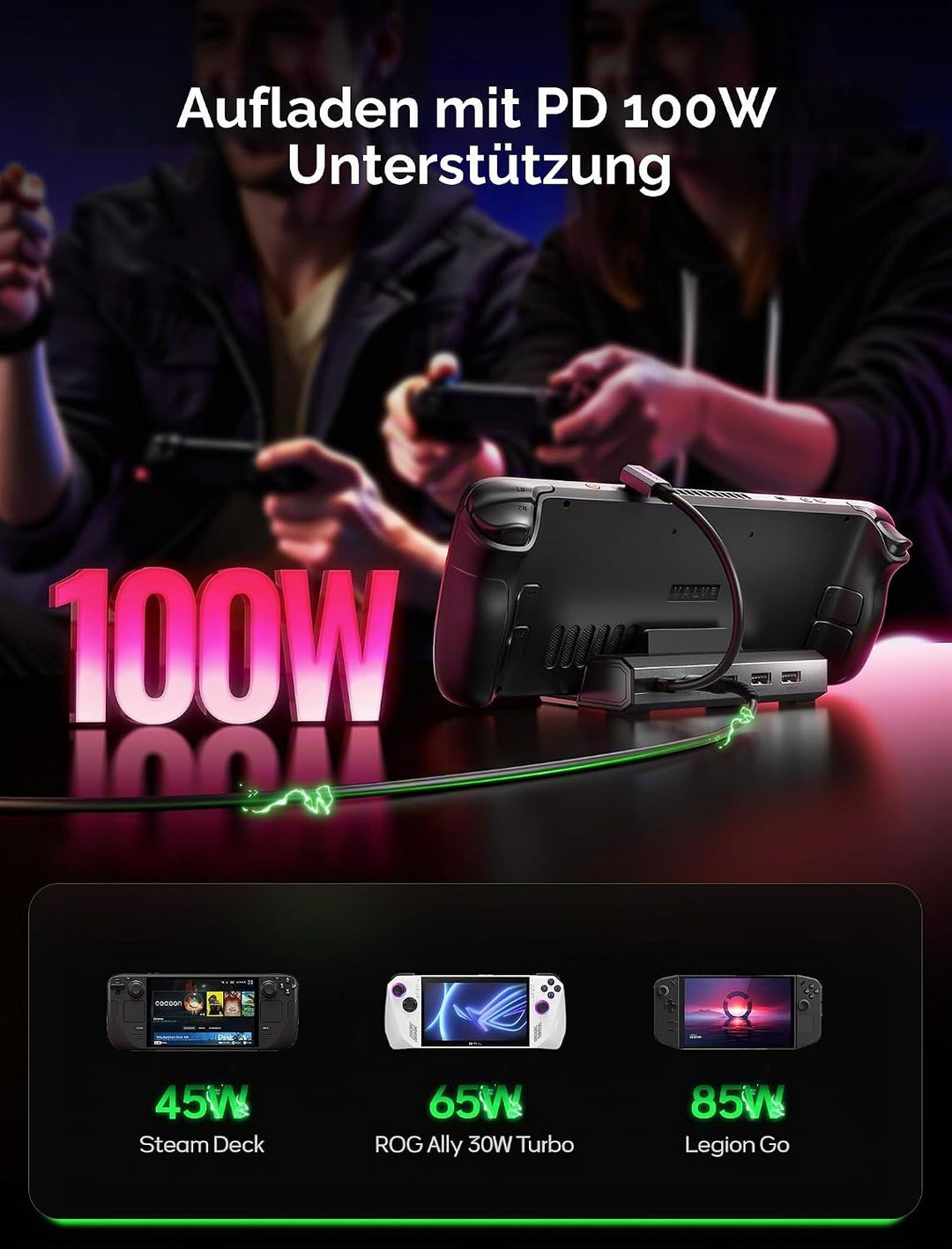 JSAUX Docking Station mit 65W Ladegerät, kompatibel mit Steam Deck OLED/ROG Ally X/Legion Go (S), 5-