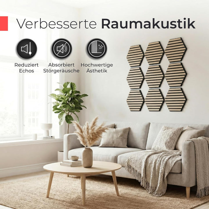 Akustikpaneele Holz selbstklebend mit Echtholz &amp; Akustikfilz | Hexagon Wandpaneele, Schalldämmung, W