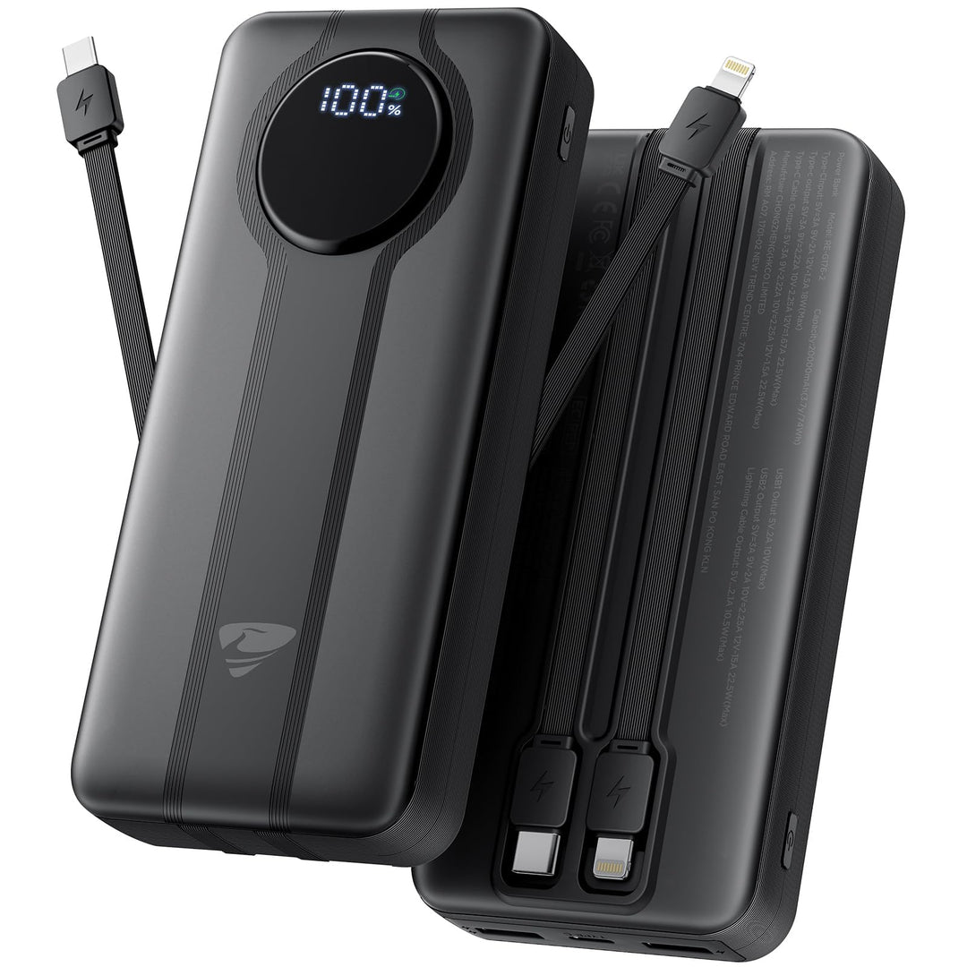 Aioneus Power Bank with Built-in USB-C and Lightning Cables 20000mAh Schwarz Schwarz 20000mAh, Schwa