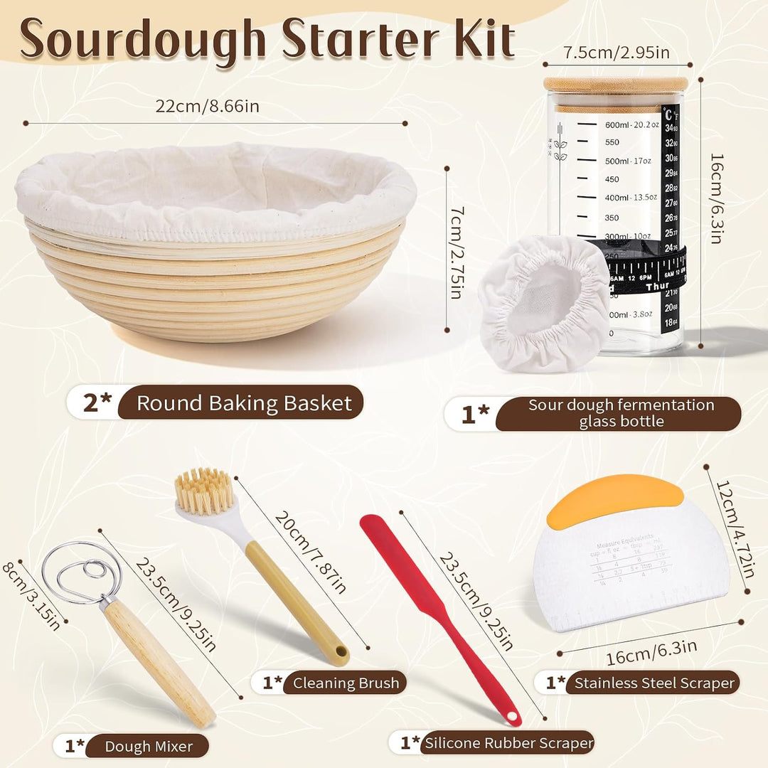 Rattan Gärkörbchen Set, Sauerteig Starter Set, 2x 9 Zoll Rundes Brotgärkörbchen mit Leinen-Einsätzen