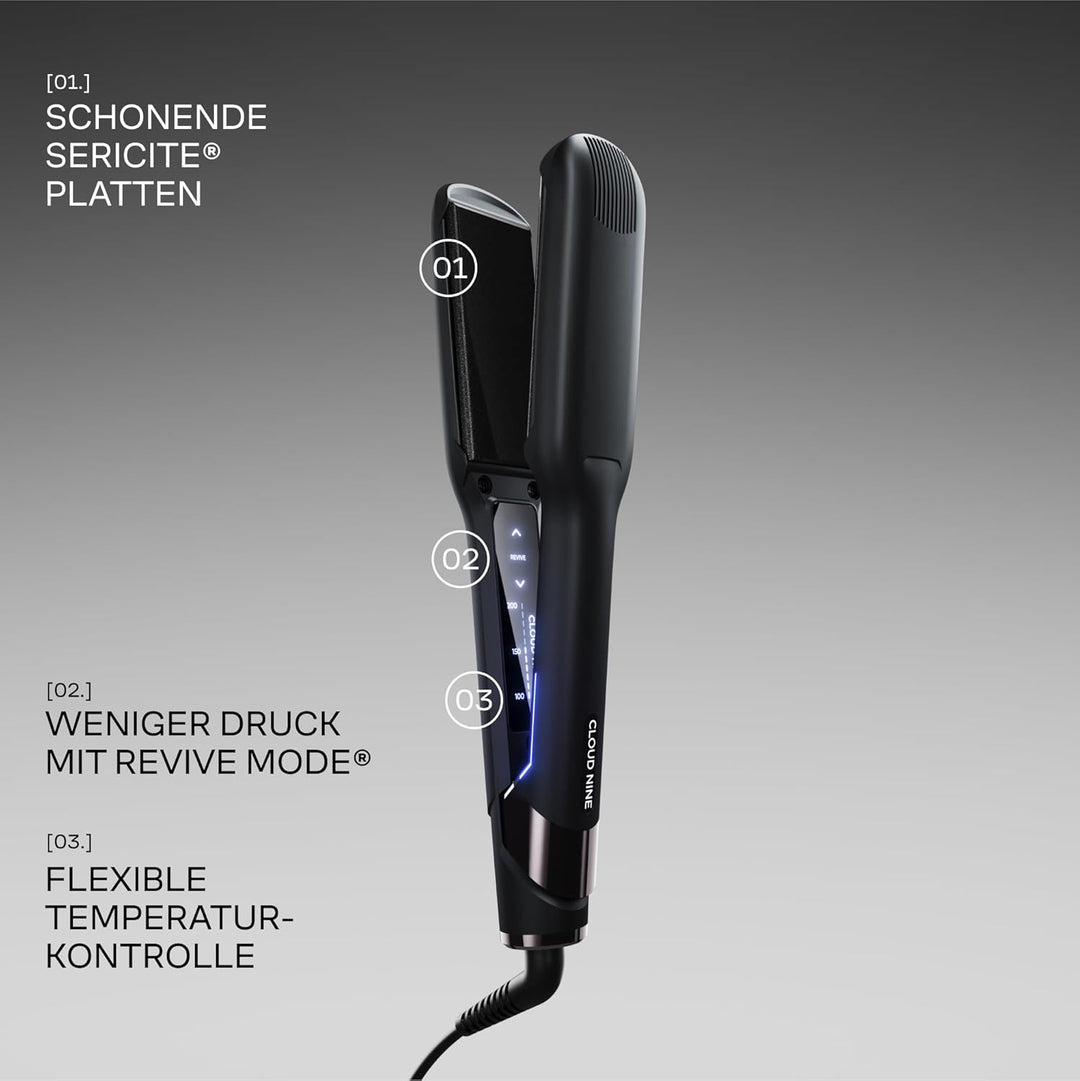Cloud Nine The Wide Iron Glätteisen Schwarz – Haarglätter mit breiten Sericite-Platten, Revive Mode