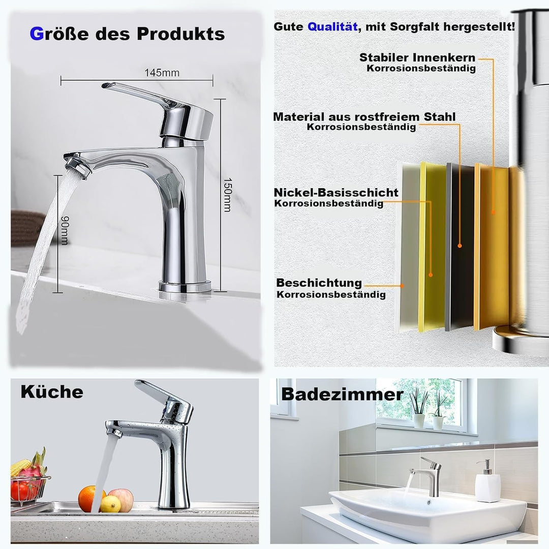 Edelstahl-Badarmatur warm und kalt mit leiser Keramikkartusche, Einhebelmischer, wassersparender Mis