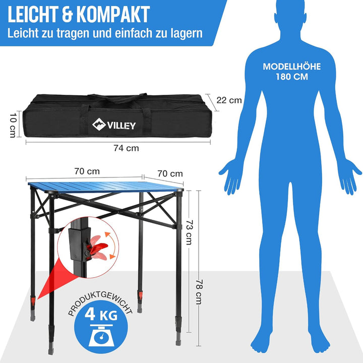 VILLEY Aluminium Klapptisch mit Tragetasche, Klappbarer Campingtisch aus Alu, Faltbarer Balkontisch,