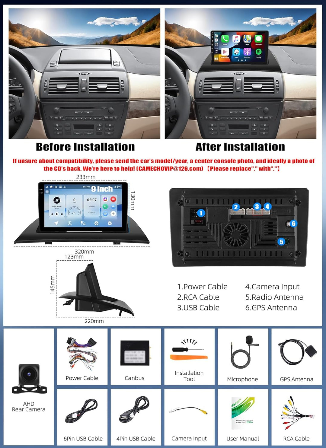 CAMECHO Android 15 4G+128G Carplay Autoradio für BMW X3 E83 (2004-2012) mit Carplay Android Auto Nav