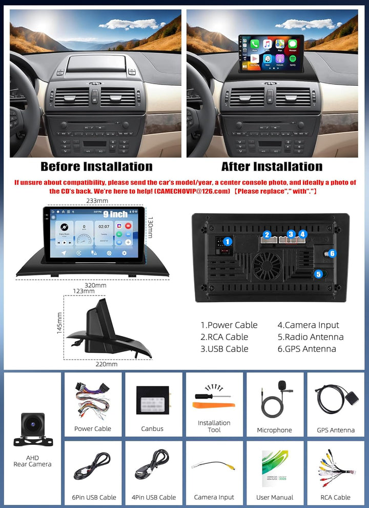 CAMECHO Android 15 4G+128G Carplay Autoradio für BMW X3 E83 (2004-2012) mit Carplay Android Auto Nav