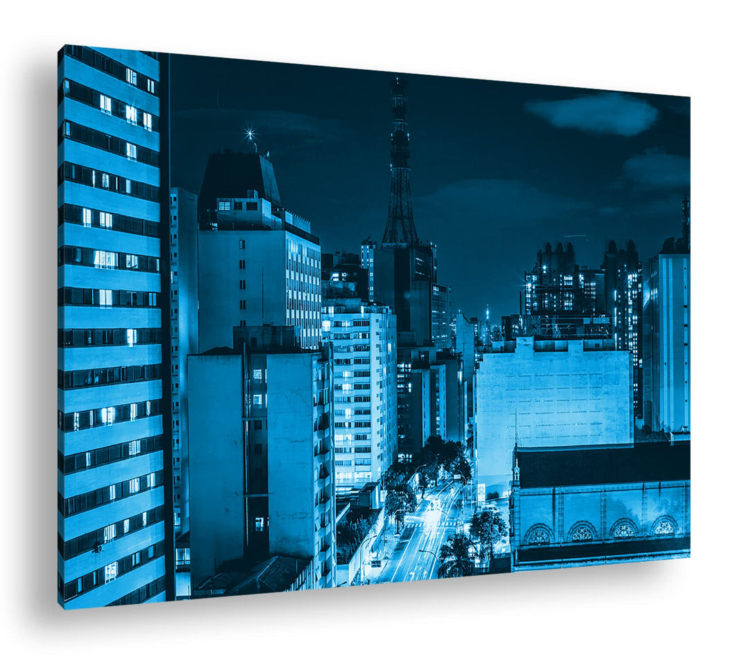 hellerleuchteten Strassen der Stadt Format: 100x70 Effekt: Monocrome Blau als Leinwand, Motiv fertig