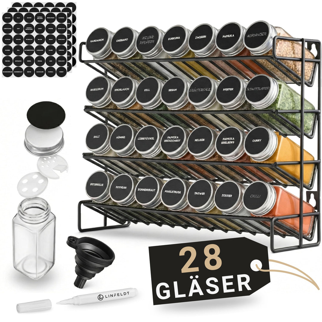 LINFELDT® Gewürzregal 28 Gläser - 144 Sticker + Stift + Schrauben zum Hängen - Gewürzregal Stehend -