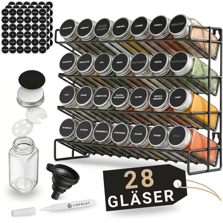 LINFELDT® Gewürzregal 28 Gläser - 144 Sticker + Stift + Schrauben zum Hängen - Gewürzregal Stehend -