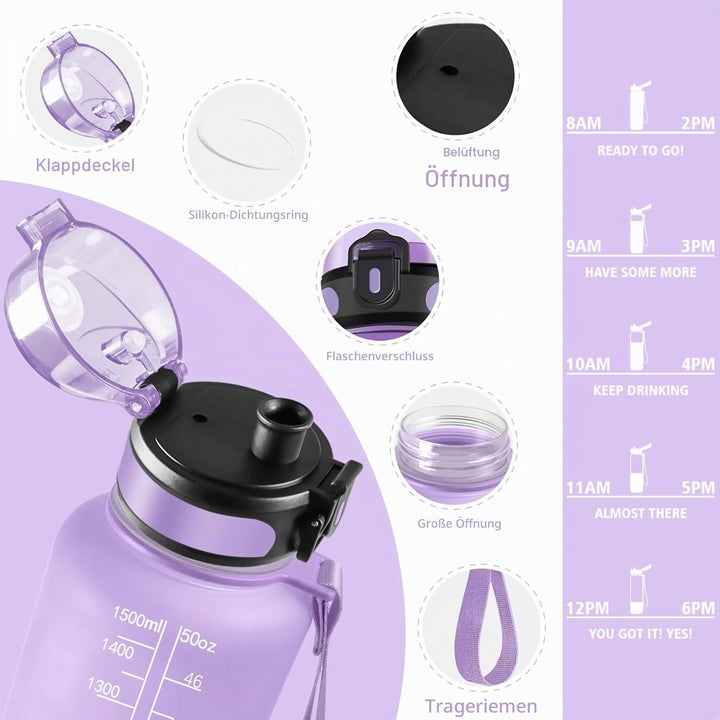 HoneyHolly Trinkflasche 1500ML, Auslaufsicher mit Zeitmarkierung, Water Bottle, Trinkflaschen mit Fi