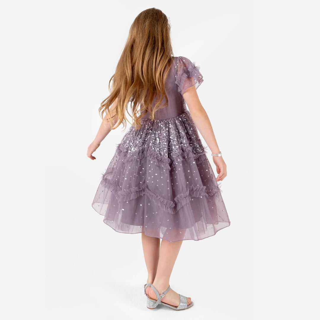 Maya Deluxe Mädchen Girl's Sequin Ruffles Sparkling Party Short Sleeve Midi Wedding Guest Tutu Frill