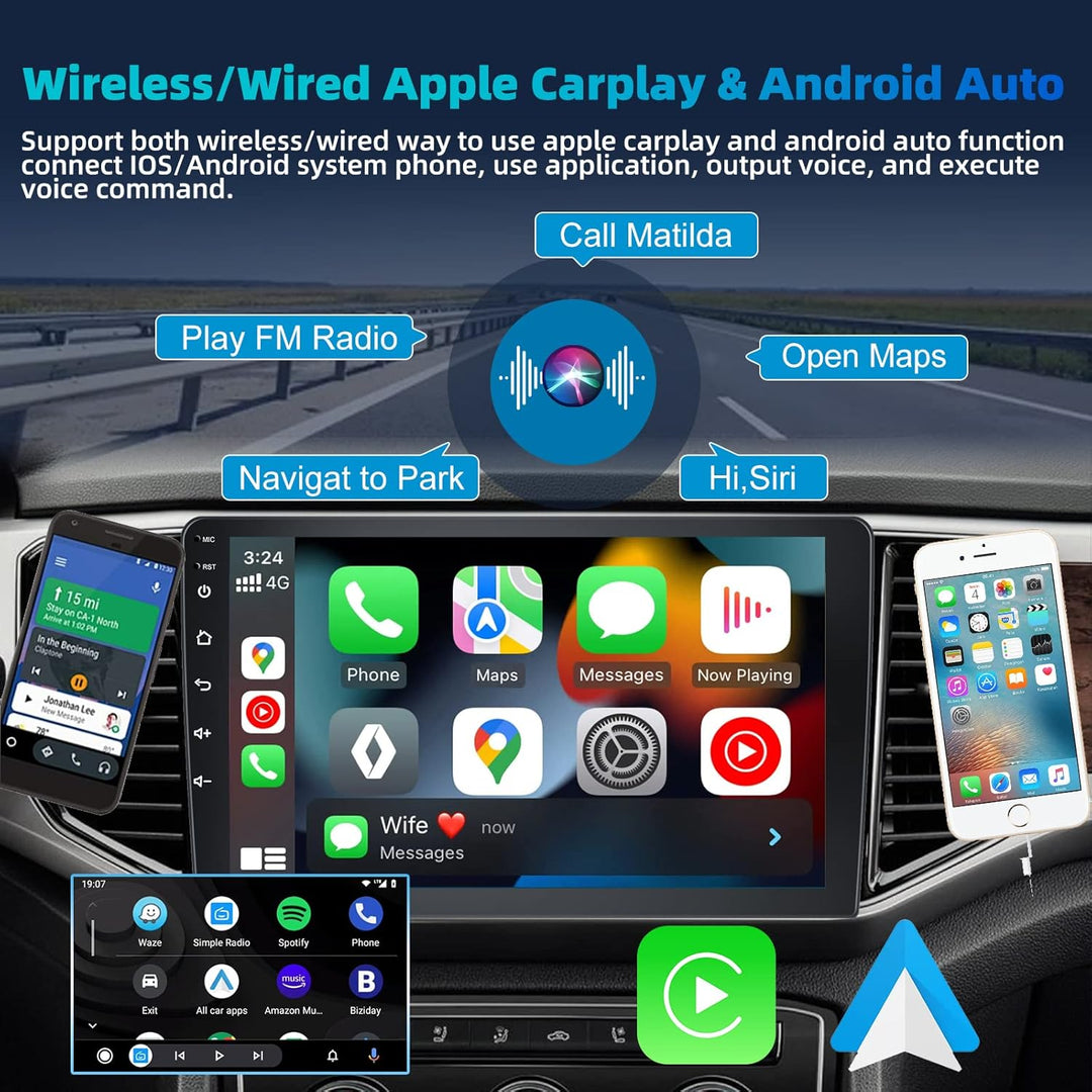 Podofo RDS Autoradio Doppel Din mit Drahtlosem Apple Carplay Android Auto 2G + 32G 10 Zoll Android A