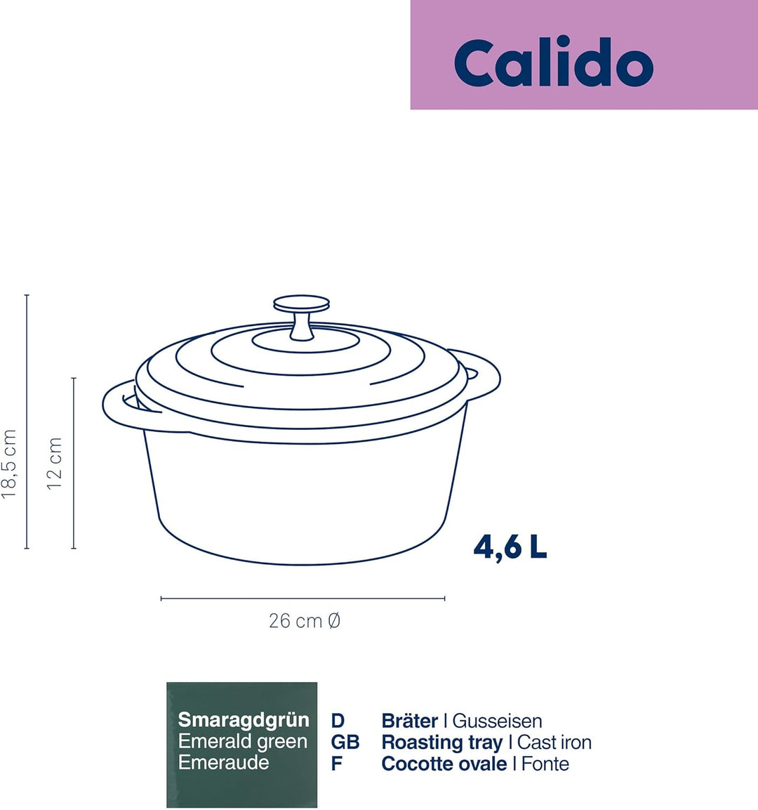 kela Bräter Gusseisen rund 4,6 Liter, Dutch Oven CALIDO, Induktion Gussbräter mit Deckel, Gusseisen
