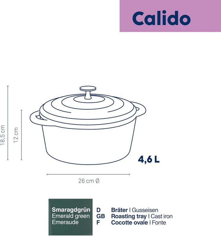 kela Bräter Gusseisen rund 4,6 Liter, Dutch Oven CALIDO, Induktion Gussbräter mit Deckel, Gusseisen