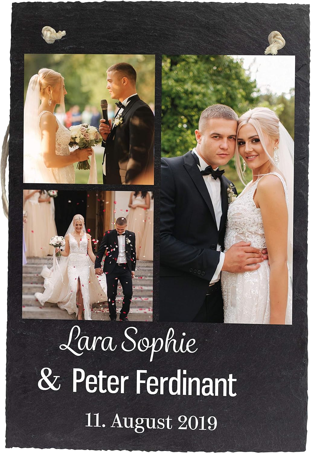 wandmotiv24 Schiefertafel Hochzeit, Aufhängeschild mit Strick, Personalisierbar Digitaldruck 3 Farbf