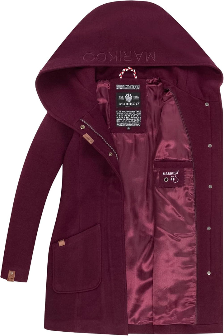 MARIKOO Damen Mantel in Wollmantel-Optik Warmer Trenchcoat mit Kapuze Maikoo XS-5XL L Wine, L Wine