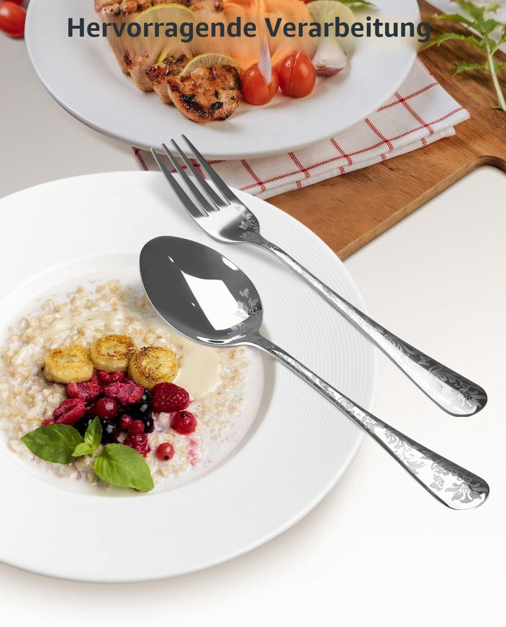 Aoresac Besteck-Set für 4 Personen, 20 Stück, aus Edelstahl, poliertes Muster, mit Blumenspiegel, in