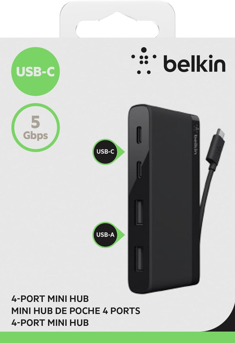 Belkin USB-C 4-Port Mini Hub (mit integriertem USB-C Kabel, USB-C Hub für MacBook Pro, Chromebook Pi