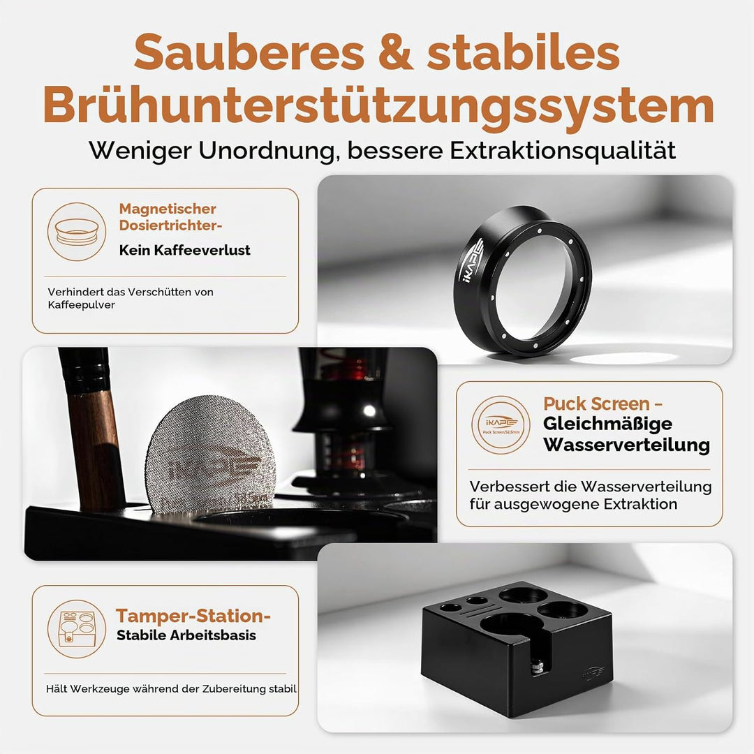 IKAPE 51 mm Espresso-Werkzeugset, schwarz, 8-in-1: Kaffeetamper, Verteiler, Magnettrichter, Pucksieb