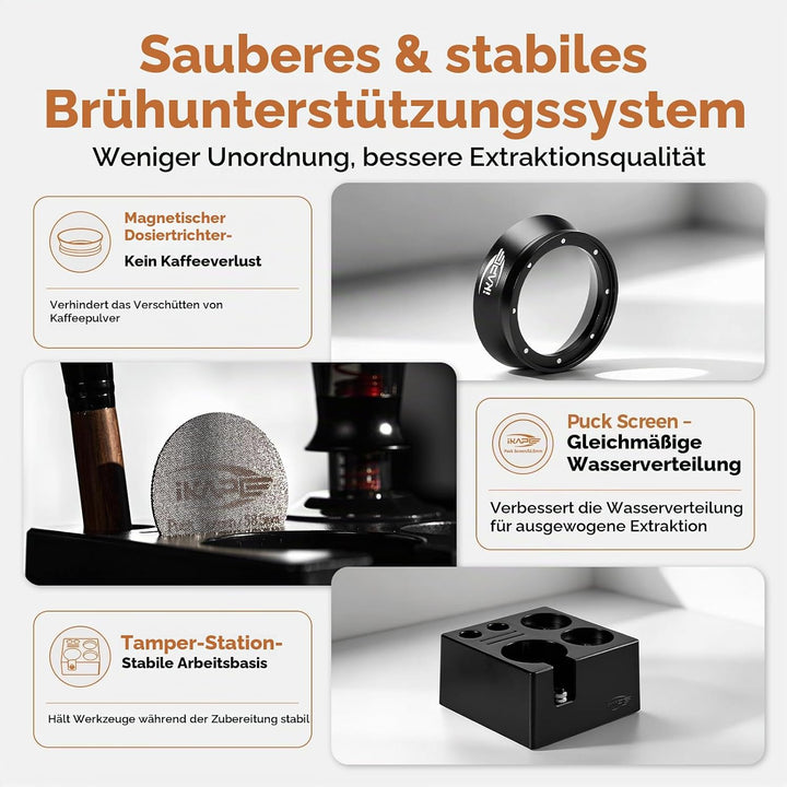 IKAPE 51 mm Espresso-Werkzeugset, schwarz, 8-in-1: Kaffeetamper, Verteiler, Magnettrichter, Pucksieb