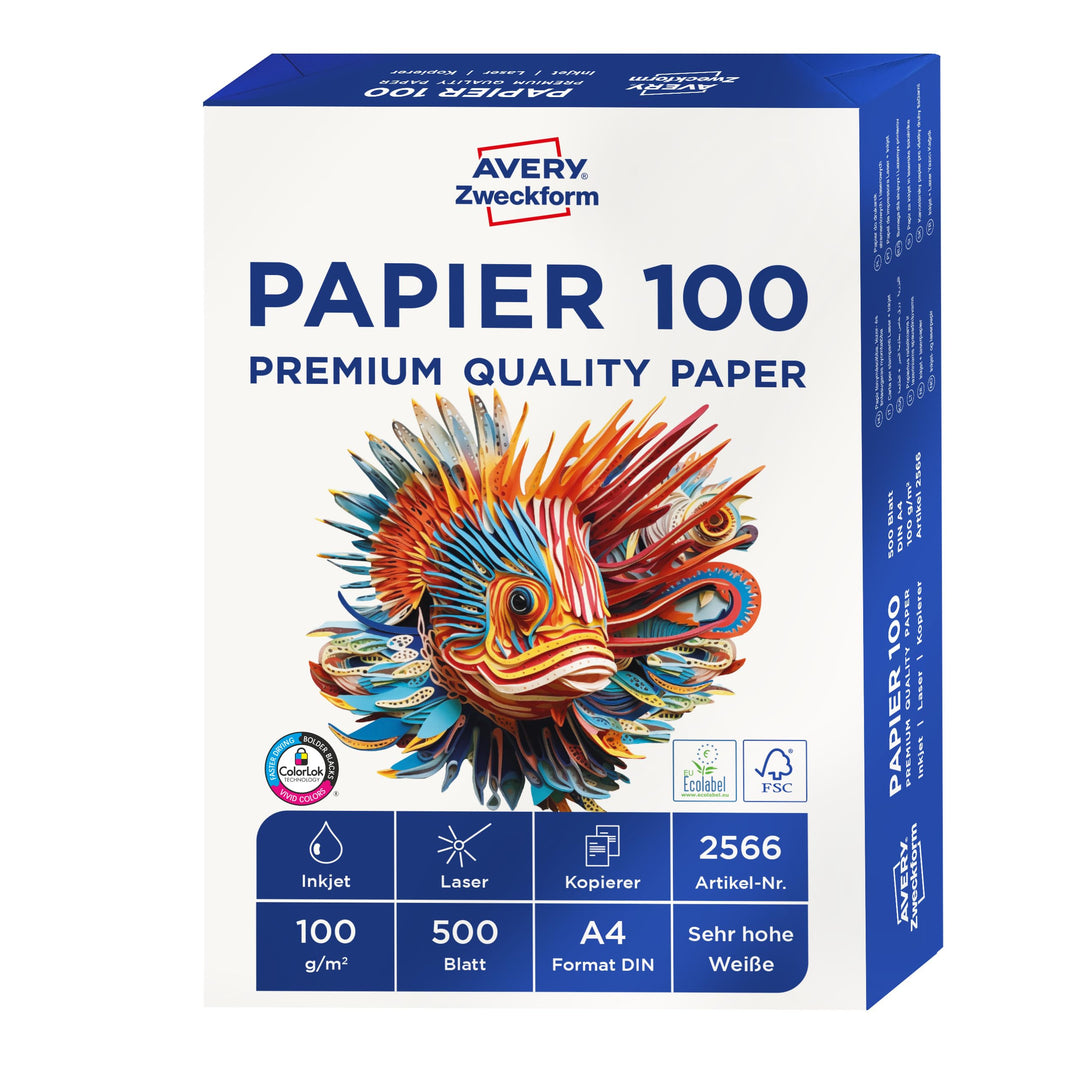 AVERY Zweckform 2566 Drucker-/Kopierpapier (500 Blatt, 100 g/m², DIN A4 Papier, hochweiss, für alle