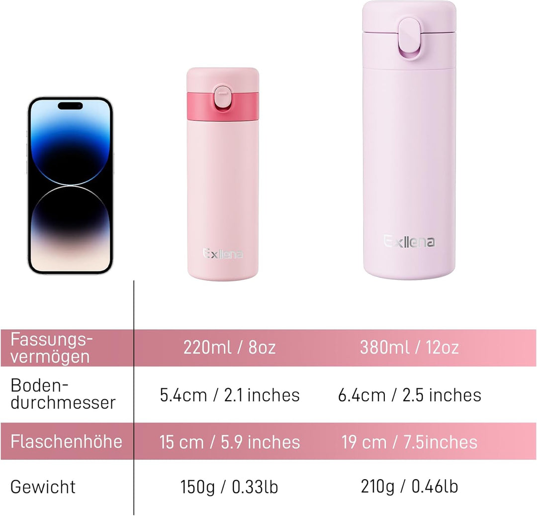 Exllena Kleine Thermosflasche 380ml mit Einhand-Flip-Deckel - Mini Thermosflasche aus Edelstahl, 100