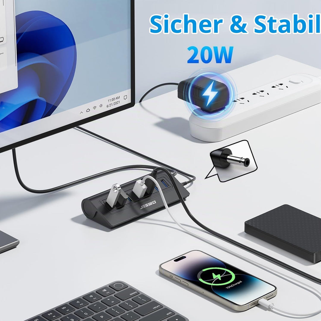USB HUB mit Netzteil, JESWO 7-Port USB 3.0 Hub, Aluminium USB Verteiler Datenhub mit 100cm Kabel, US