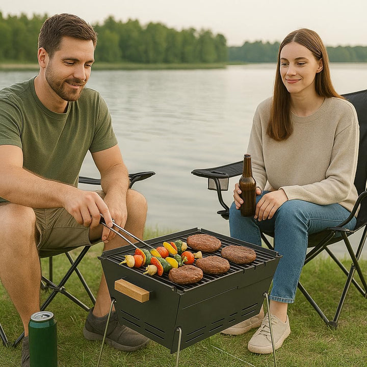Mobiler Holzkohlegrill BBQ-Gril aus Edelstahl; Tragbarer Camping Grill & Feuerschale für 2–5 Persone