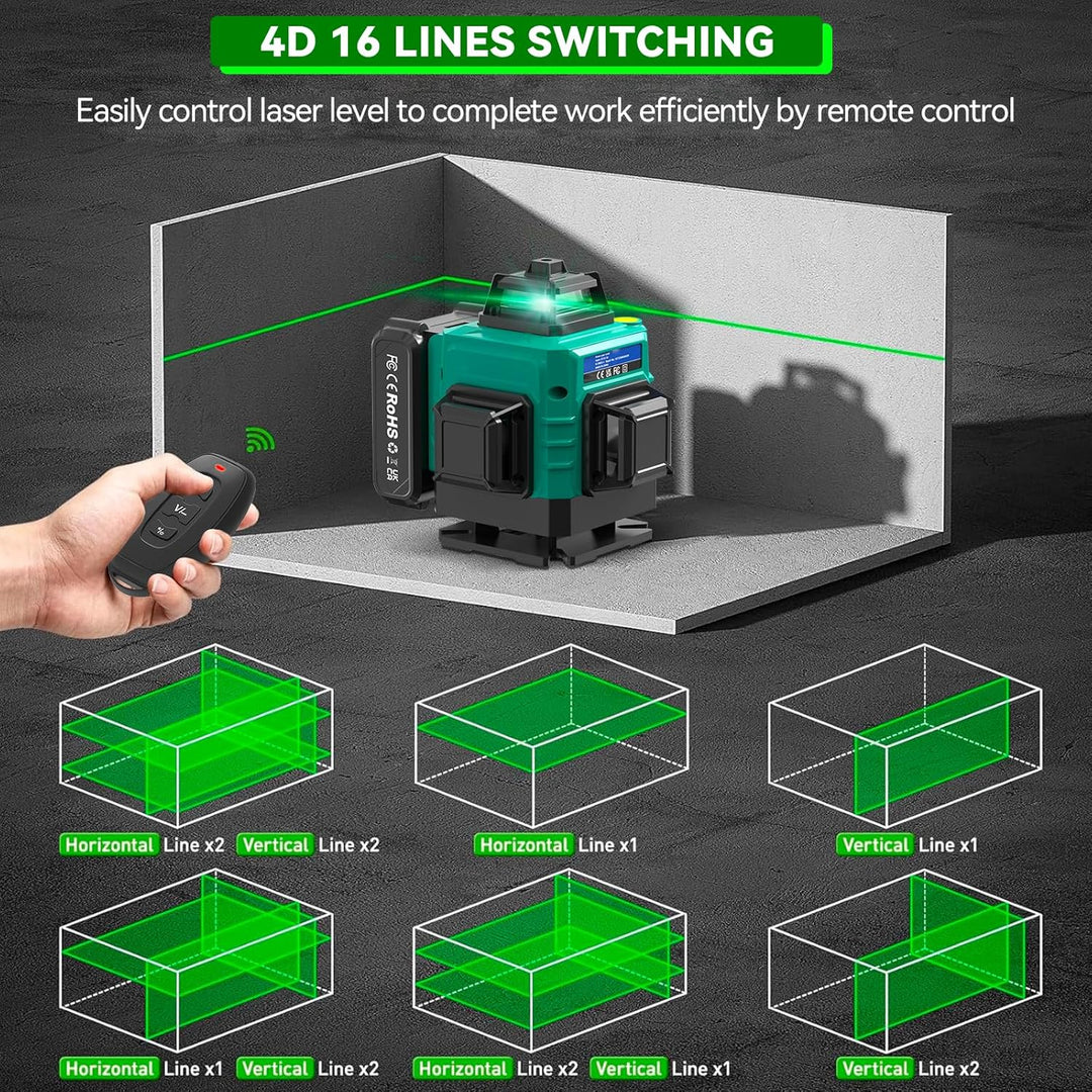 4x360° Kreuzlinienlaser mit Stativ, 16 Linien Laser Wasserwaage mit 3600mAh Batterie, LED Digitalanz